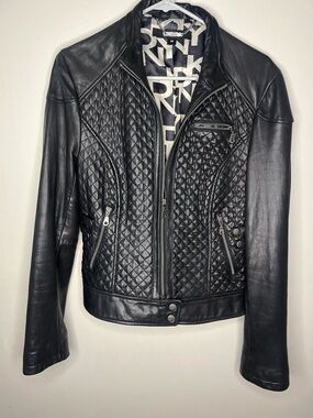 DKNY Black Quilted Leather Moto Jacket